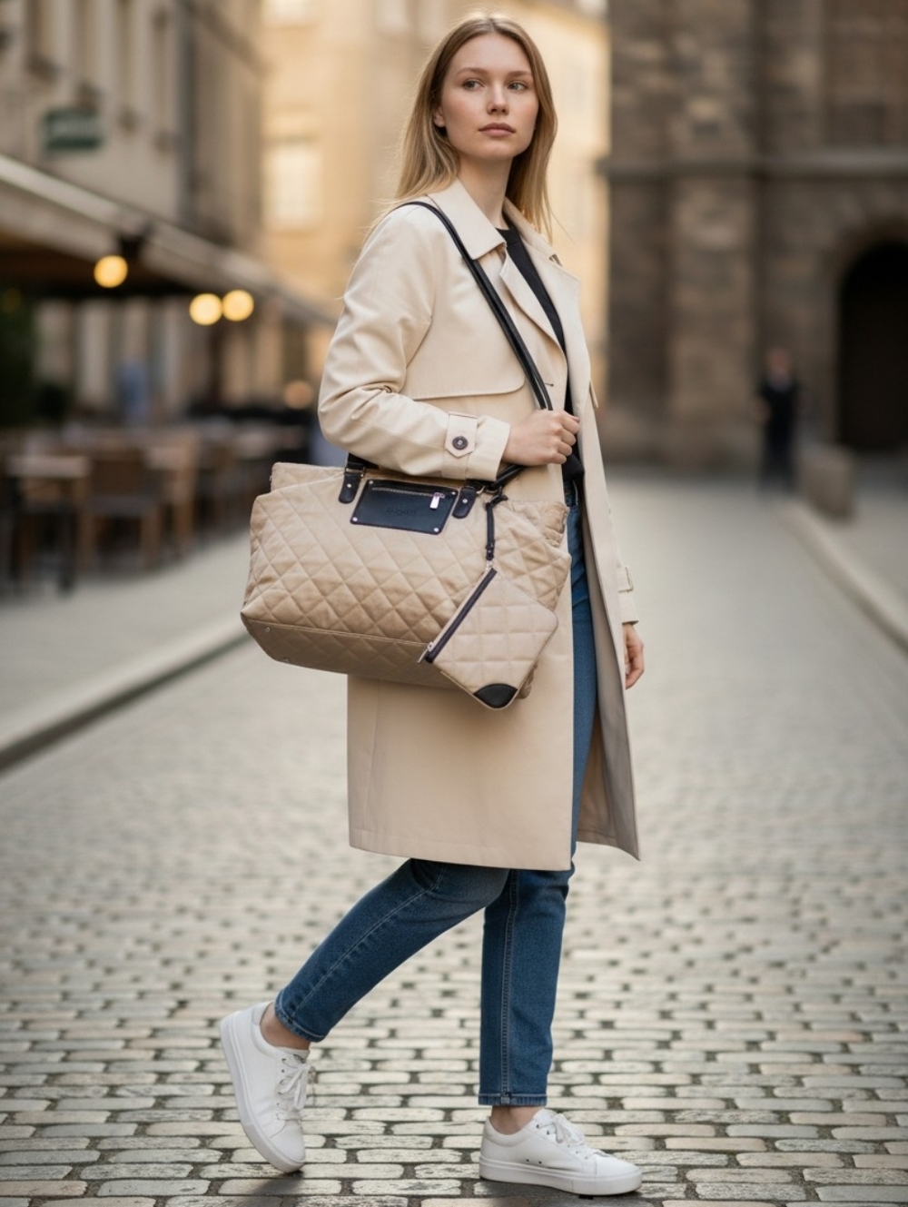 Bugatti Quilted Beige Weekender Tote Bag with Zippered Pouch